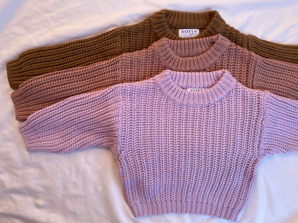 winter chunky knit, chocolate brown, mauve, lilac and purple.